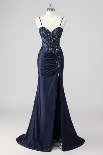 Sparkly Navy Sirène Sirène Paillettes Ruché Corset Robes De Soirée Longue avec Fente